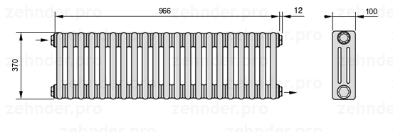 Схема (чертеж) Радиатор Zehnder Charleston 3037/21 №1670 Белый глянцевый RAL 9016